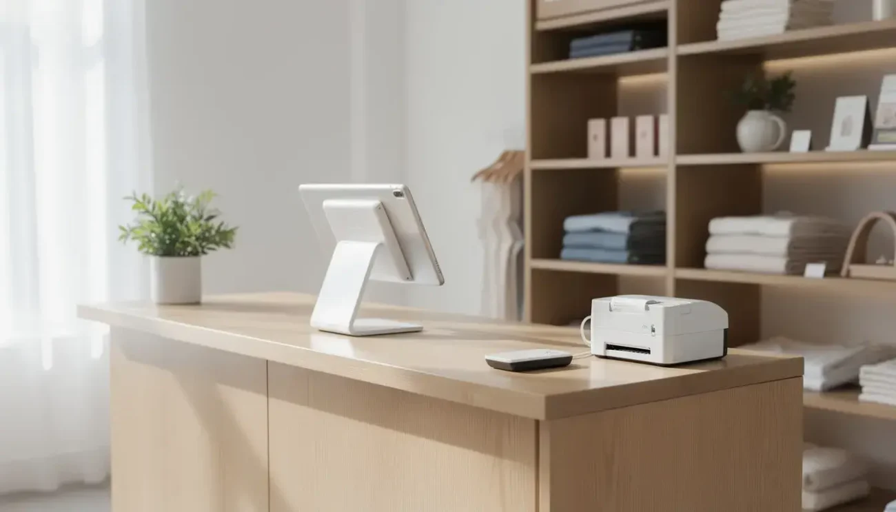 The image depicts a small boutique store checkout area featuring a sleek tablet-based POS system with minimal hardware, including a cash drawer and a credit card reader. This modern setup allows for efficient payment processing and inventory management, catering to the needs of small businesses while highlighting the cost-effective aspects of contemporary point of sale solutions.