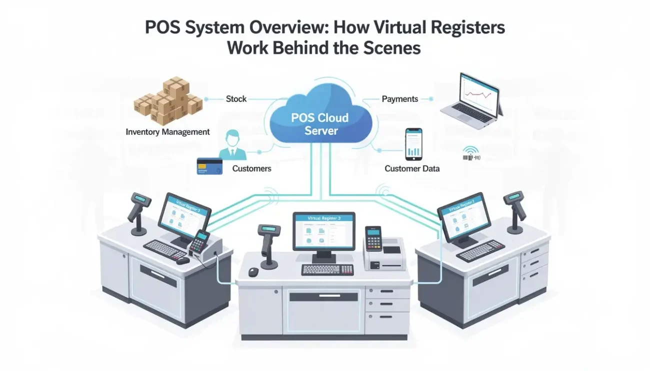 The image depicts a detailed overview of a POS system, showcasing a virtual register interface used for training new employees at McDonald's. It illustrates key features such as the register screen, customer orders, and processing payments, emphasizing the realistic simulation designed for skill development and hands-on experience in a quick service restaurant environment.
