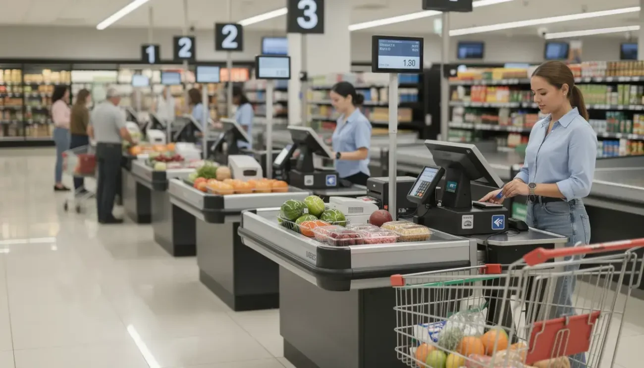 The image showcases modern supermarket checkout lanes featuring integrated POS systems, including cash registers with scanners. Brightly colored aisles are visible in the background, and the checkout area is bustling with customers, creating a lively shopping atmosphere.