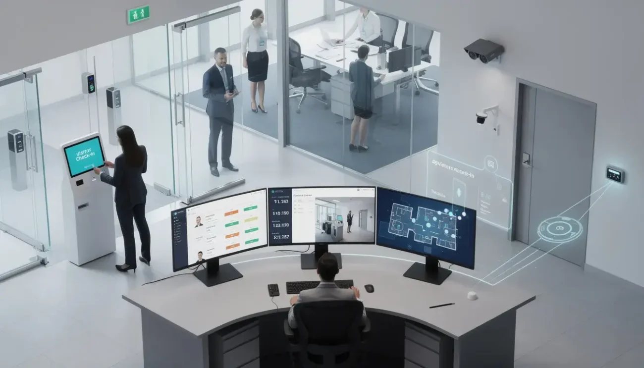 The image illustrates a modern visitor management system interface that integrates seamlessly with access control systems, showcasing features like visitor check-in software, digital document signing, and real-time tracking of visitor movements. It emphasizes enhanced security and operational efficiency, highlighting the user-friendly interface designed for both security personnel and visitors.