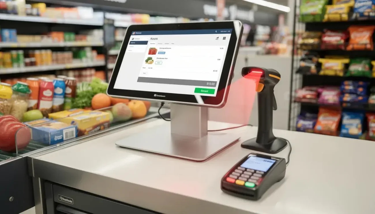 The image depicts a modern grocery store checkout lane featuring a sleek touchscreen POS terminal and a barcode scanner, designed for efficient transaction processing and enhanced customer experience. This point of sale system is essential for managing inventory levels and processing purchases in real-time, catering to the needs of loyal customers in a physical retail location.