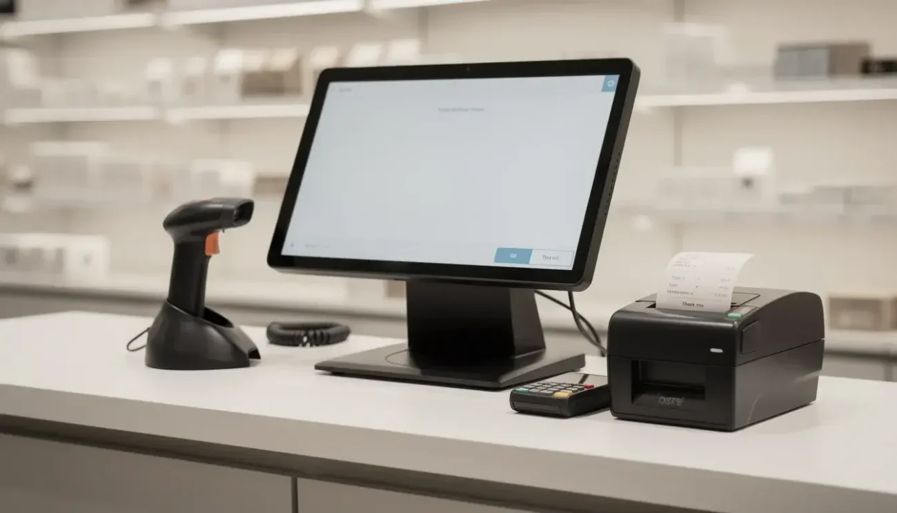 The image shows an organized checkout counter featuring a POS terminal, a barcode scanner resting in its cradle, and a receipt printer, all designed to streamline transactions in a retail store. This setup enhances efficiency for cashiers as they scan barcodes and manage sales, making the checkout process easier for customers.