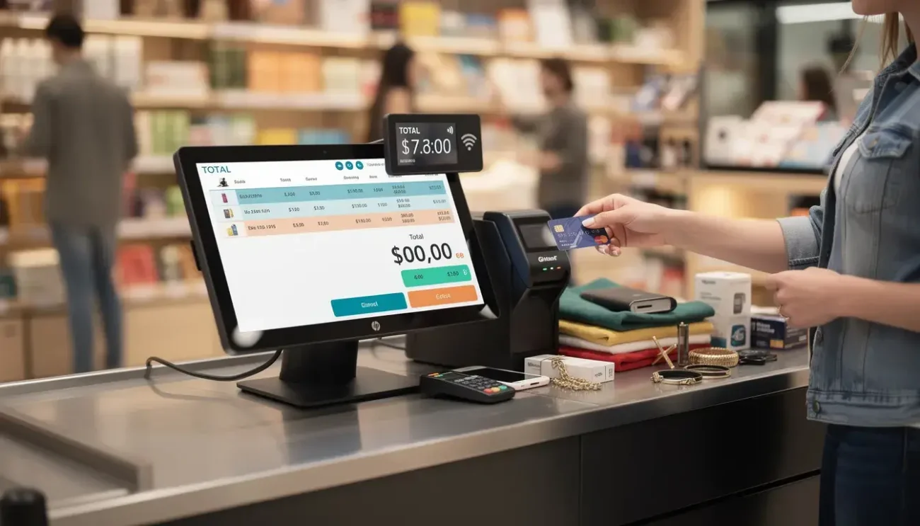 A modern touch screen cash register terminal is prominently displayed at a busy retail checkout counter, where a customer is making a purchase. The point of sale system includes a barcode scanner, a cash drawer, and a receipt printer, facilitating efficient transactions in the retail store.