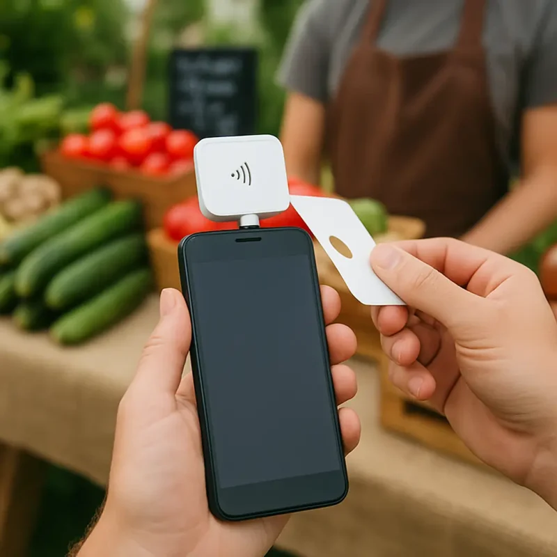 A friendly, clean image of a small business owner (e.g., a barista or shopkeeper) smiling while a customer taps their card on a simple, modern POS terminal (like an iPad with a Square reader)