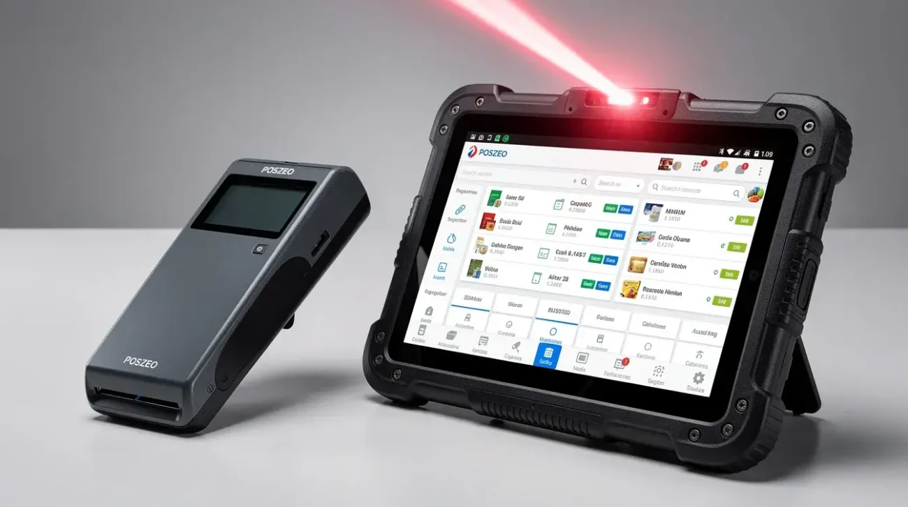 The image features a split-screen product shot of two handheld POS devices on a clean staging bench. On the left is a compact payment-focused mobile POS system with a small screen and built-in card slot, while on the right is a ruggedized Android POS handheld with a large touchscreen displaying an inventory management interface and a red laser scanning beam.