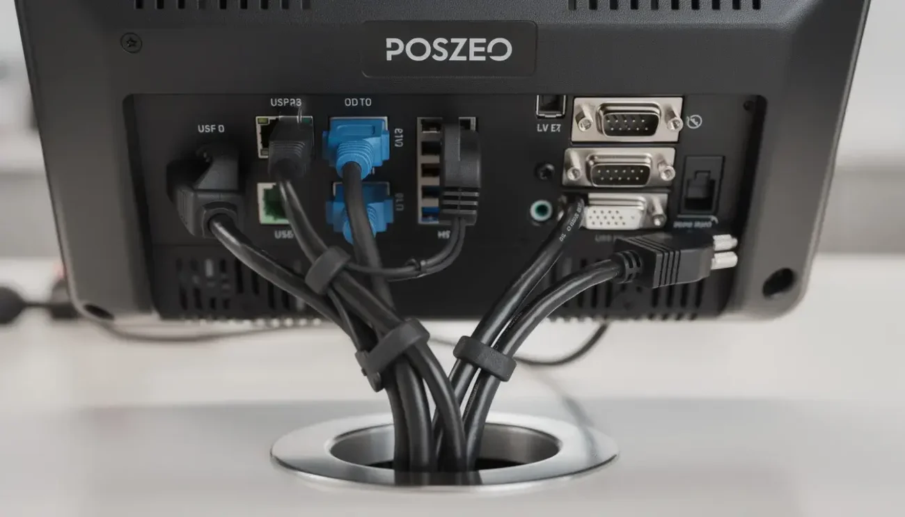 A close-up, low-angle view of the rear I/O panel of a POSZEO terminal showcases multiple securely plugged cables, including USB, LAN, and Serial, organized with professional cable ties. The setup, featuring a clean counter-top grommet, highlights the terminal's compact design and functionality, essential for efficient payment processing in a modern business environment.