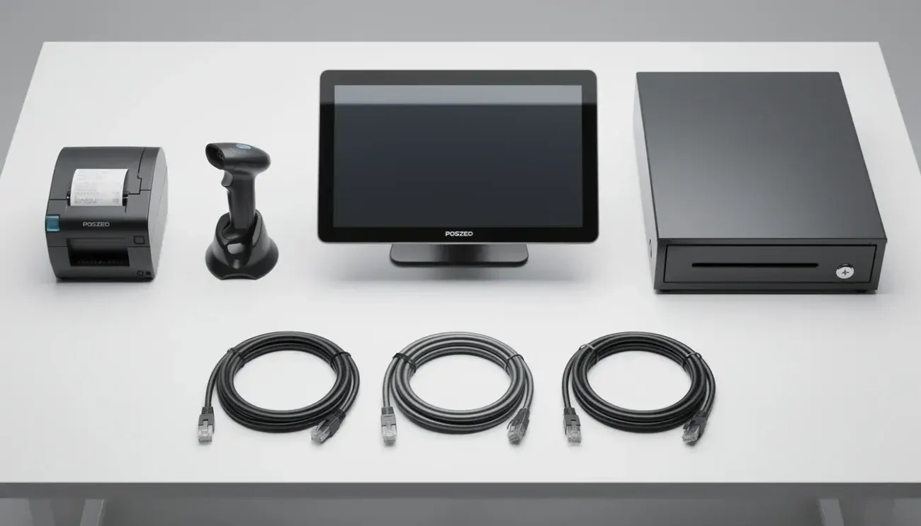 The image features a high-angle view of a deconstructed POS workstation arranged on a clean white industrial staging table. It includes a sleek 15-inch touchscreen POS terminal with the POSZEO wordmark, a thermal receipt printer, a 2D barcode scanner, a metal cash drawer, and neatly coiled cables, all showcasing the compact design and key features of a modern payment processing solution.