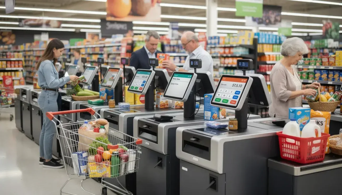 The image depicts a row of self-checkout kiosks in a supermarket, where customers are scanning items using barcode scanners. This point of sale system enhances efficiency and offers customers a faster way to complete transactions while managing their grocery shopping.